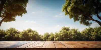 vide en bois table avec vert arbre et bleu ciel arrière-plan, bureau de gratuit espace pour produit afficher. établi génératif ai photo