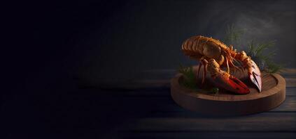 crevettes dans le en bois planche réaliste produit vitrine pour nourriture la photographie ai généré photo