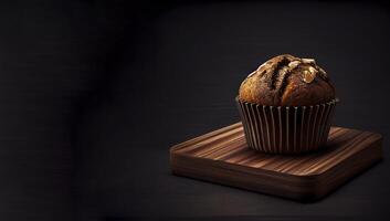 muffin dans le en bois planche réaliste produit vitrine pour nourriture la photographie ai généré photo