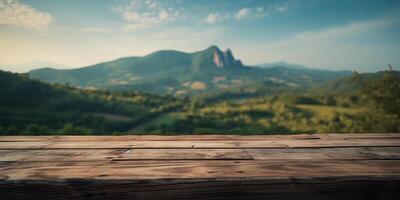 vide en bois table avec vert Montagne arrière-plan, gratuit espace pour produit afficher. génératif ai photo