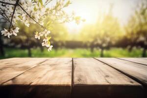 vide en bois table dans printemps jardin flou arrière-plan, gratuit espace pour produit afficher. génératif ai photo