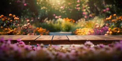 vide en bois table dans fleurs jardin flou arrière-plan, gratuit espace pour produit afficher. génératif ai photo