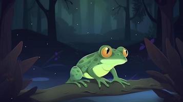 dessin animé grenouille dans nuit forêt sauvage marrant crapaud, générer ai photo