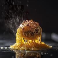 moléculaire la gastronomie inspiré reconstruit spaghetti carbonara, moderne art extrêmement détaillé bague à manger moléculaire la gastronomie spaghetti carbonara art, générer ai photo