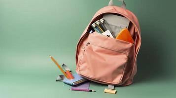 gratuit photo ouvert sac à dos avec école fournitures, générer ai