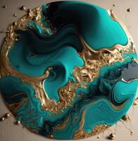 liquide d'or et turquoise Matériel abstrait Contexte. génératif ai photo