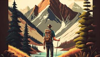 ai généré. génératif ai. aventure Extérieur la nature de motivation affiche avec homme permanent dans à partir de de une Montagne. graphique art photo