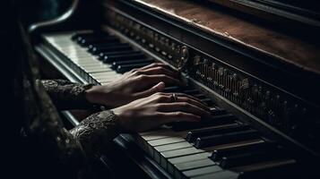 ai généré. génératif ai. la musique rétro ancien piano avec mains. inspiration mélodie. graphique art illustration. photo