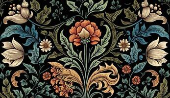 ai généré. génératif ai. floral modèle papier peint. fleurs et feuilles. pouvez être utilisé avant décoration. inspiré par le style de William morris. Couleur illustration. photo