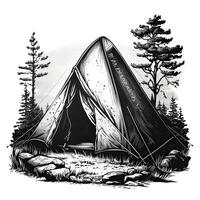 ai généré. génératif ai. ancien rétro camping tente dans gravure style. aventure voyage voyage de motivation affiche. pouvez être utilisé pour décoration et inspiration. graphique art illustration. photo