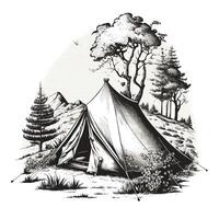 ai généré. génératif ai. ancien rétro camping tente dans gravure style. aventure voyage voyage de motivation affiche. pouvez être utilisé pour décoration et inspiration. graphique art illustration. photo