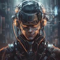 anime portrait cyberpunk de homme cyborg avec virtuel réalité casque connecté, produire ai photo