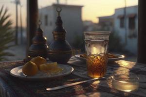 Ramadan iftar nourriture, iftar repas et rassemblements, Ramadan iftar aïd. musulman famille a dîner à maison. table avec traditionnel aliments. eid al-fitr célébrations, produire ai photo