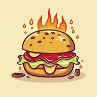 Burger fromage avec Feu dessin animé vecteur icône illustration. nourriture objet icône concept isolé, générer ai photo