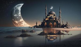 3d illustration de incroyable architecture conception de musulman mosquée Ramadan concept, illustration de incroyable architecture conception de musulman mosquée Ramadan concept, produire ai photo