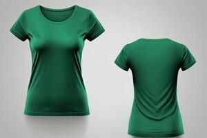 photo réaliste femelle vert t-shirts avec copie espace, de face et retour voir. ai généré