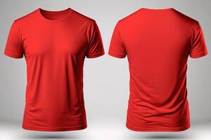 photo réaliste Masculin rouge t-shirts avec copie espace, de face et retour voir. ai généré