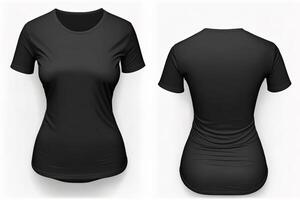 photo réaliste femelle noir t-shirts avec copie espace, de face et retour voir. ai généré