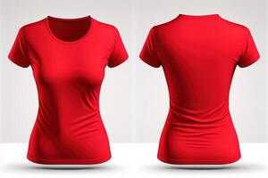 photo réaliste femelle rouge t-shirts avec copie espace, de face et retour voir. ai généré