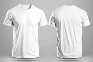 photo réaliste Masculin blanc t-shirts avec copie espace, de face et retour voir. ai généré