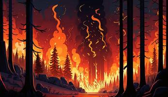 réaliste dessin animé illustration de forêt sur Feu et plein de fumée, génératif ai photo