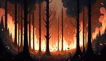 réaliste dessin animé illustration de forêt sur Feu et plein de fumée, génératif ai photo