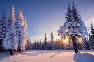 hiver le coucher du soleil dans une hiver pays des merveilles paysage par ai généré photo