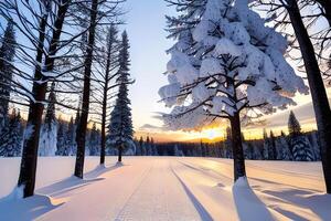 hiver le coucher du soleil dans une hiver pays des merveilles paysage par ai généré photo