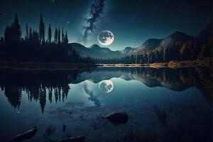 lune lumière à Lac brillant lune à nuit les bois étoiles brillant par ai généré photo