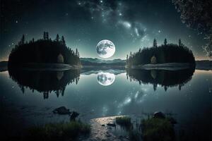 lune lumière à Lac brillant lune à nuit les bois étoiles brillant par ai généré photo