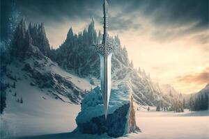 puissant congelé épée coincé dans pierre à hiver paysage par ai généré photo