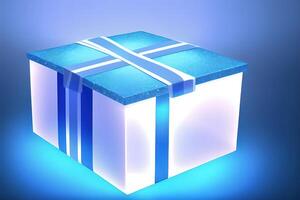 réaliste cadeau boîte avec magique brillant lumière par ai généré photo