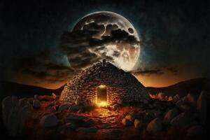 sarde nuraghe illuminé par le lune avec une Feu et une phénicien chaman à l'intérieur par ai généré photo