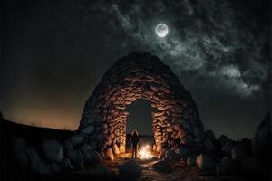 sarde nuraghe illuminé par le lune avec une Feu et une phénicien chaman à l'intérieur par ai généré photo