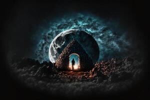 sarde nuraghe illuminé par le lune avec une Feu et une phénicien chaman à l'intérieur par ai généré photo