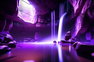 massif spa dans une humide la grotte cascade violet éclairage par ai généré photo