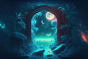 fantaisie la nuit scène futur avec abstrait île clair de lune par ai généré photo