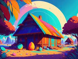 coloré maison avec coloré Pâques des œufs Contexte par ai généré photo