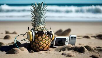 ananas portant écouteurs et des lunettes sur le plage, été concept, génératif ai La technologie photo