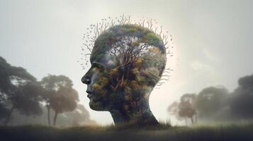 conceptuel image de une Humain tête avec coloré cerveau et l'automne feuilles. mental santé concept ai généré ouvrages d'art photo