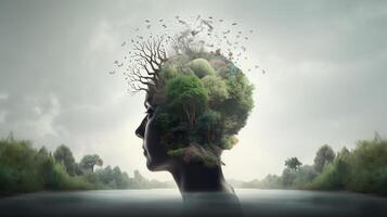 conceptuel image de une Humain tête avec coloré cerveau et l'automne feuilles. mental santé concept ai généré ouvrages d'art photo