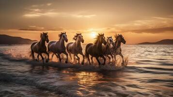 troupeau de les chevaux galopant dans le mer à le coucher du soleil dans été ai généré ouvrages d'art photo