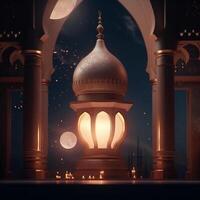 Ramadan kareem salutation carte. arabe lanternes, lune et mosquée à nuit. ai généré ouvrages d'art photo