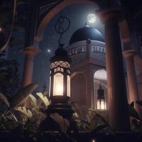 Ramadan kareem salutation carte. arabe lanternes, lune et mosquée à nuit. ai généré ouvrages d'art photo