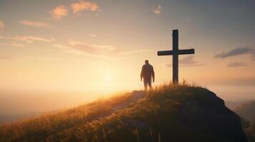 silhouette de une homme permanent sur une Montagne avec une traverser. ai généré ouvrages d'art photo