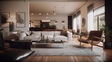 moderne vivant pièce intérieur conception avec classique meubles, ai généré ouvrages d'art photo