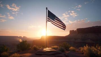 uni États de Amérique drapeau agitant dans le vent à le coucher du soleil ai généré ouvrages d'art photo