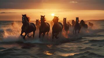 troupeau de les chevaux galopant dans le mer à le coucher du soleil dans été ai généré ouvrages d'art photo