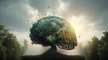 conceptuel image de une Humain tête avec coloré cerveau et l'automne feuilles. mental santé concept ai généré ouvrages d'art photo