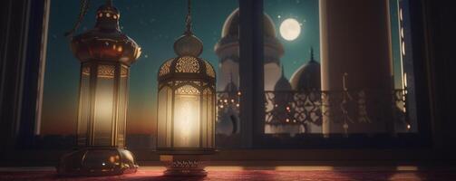 Ramadan kareem salutation carte. arabe lanternes, lune et mosquée à nuit. ai généré ouvrages d'art photo